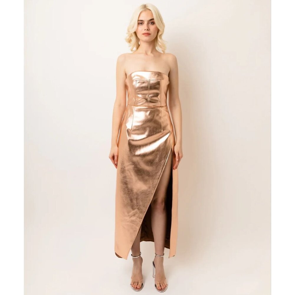 Amylynn NWT Gizelle Faux Leather Bandeau Maxi Dress in Light Gold size Large
